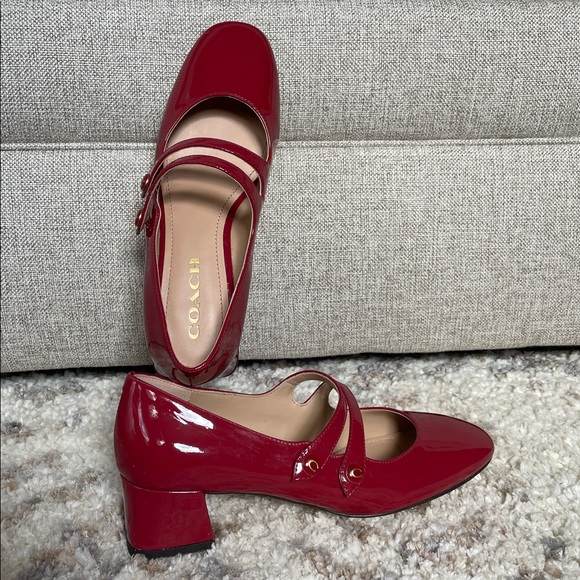 Coach Shoes - COACH Burgundy-Red Patent Leather Mary Jane With Block Heel